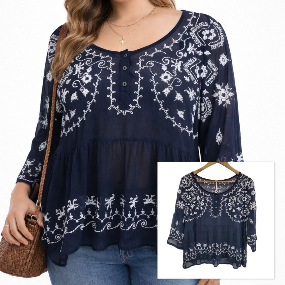 Free People Womens S Navy‎ Embroidered Sheer Babydoll Peasant Top Boho Festival